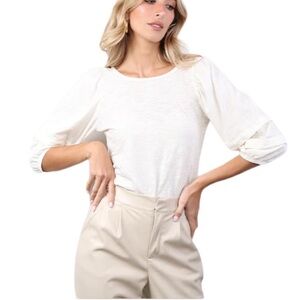 NWT Bobi Macadamia Pleated 3/4 Sleeve Crewneck Cotton Top Size XL Reg. $78